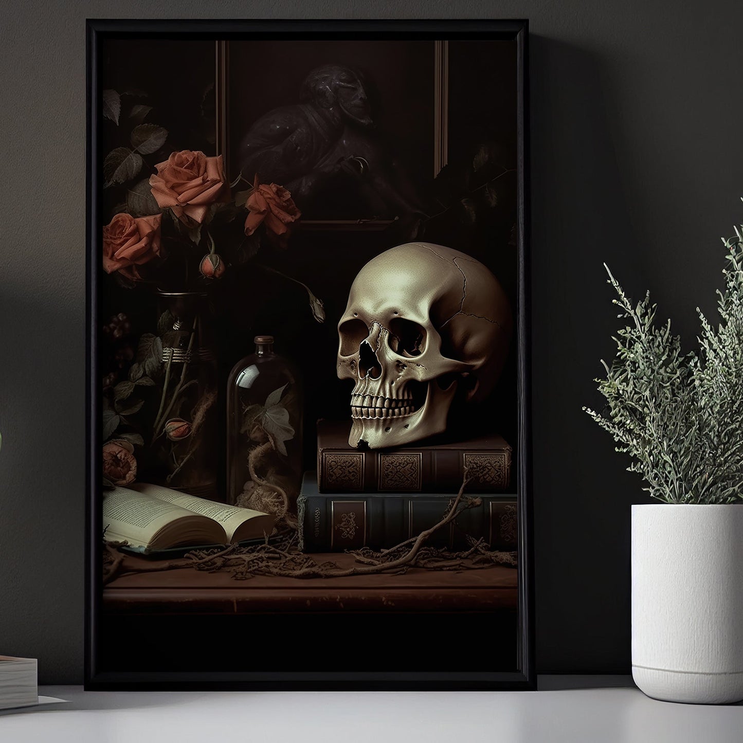 Skull On Book In Dark Room Spooky Halloween Canvas Painting, Wall Art Decor - Dark Skull Halloween Poster Gift