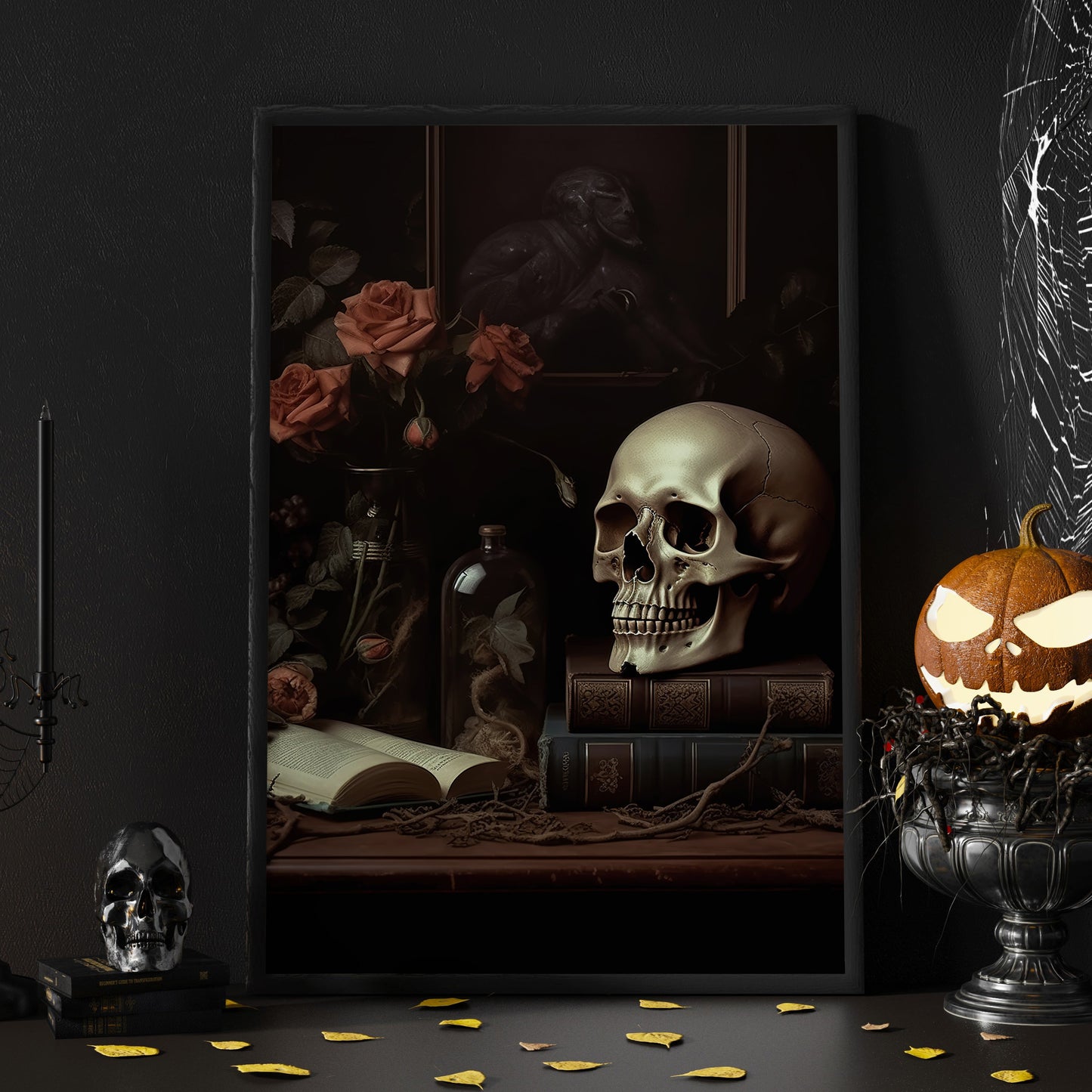 Skull On Book In Dark Room Spooky Halloween Canvas Painting, Wall Art Decor - Dark Skull Halloween Poster Gift