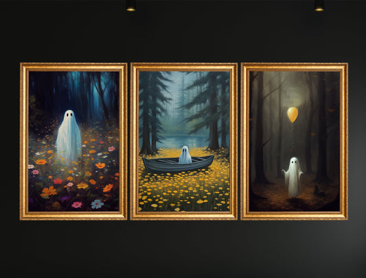 Set Of 3 Vintage Floral Ghost In Forest Gothic, Ghost Canvas Painting, Wall Art Decor - Ghost Poster Gift