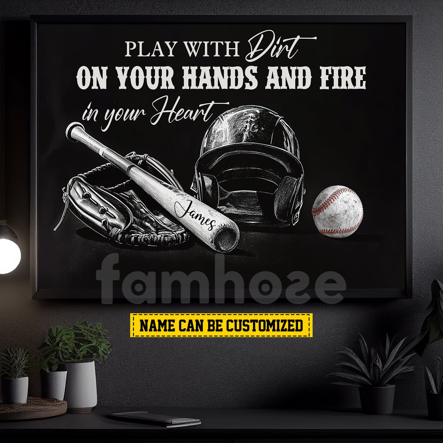 Personalized Baseball Canvas Painting, Play With Dirt On Your Hands And Fire In Your Heart Sport Wall Art Decor, Poster Gift For Baseball Lovers
