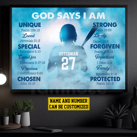 Personalized Softball Girl Canvas Painting, God Says I Am, Sports Quotes Wall Art Decor, Poster Gift For Softball Lovers