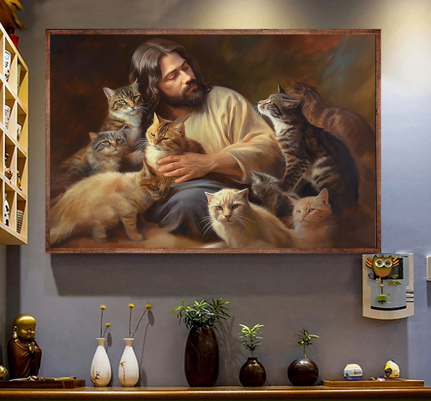 Harmony With Divine Felines, Jesus and Cat Poster & Canvas, Cat Canvas Wall Art, Poster Gift For Cat Lovers