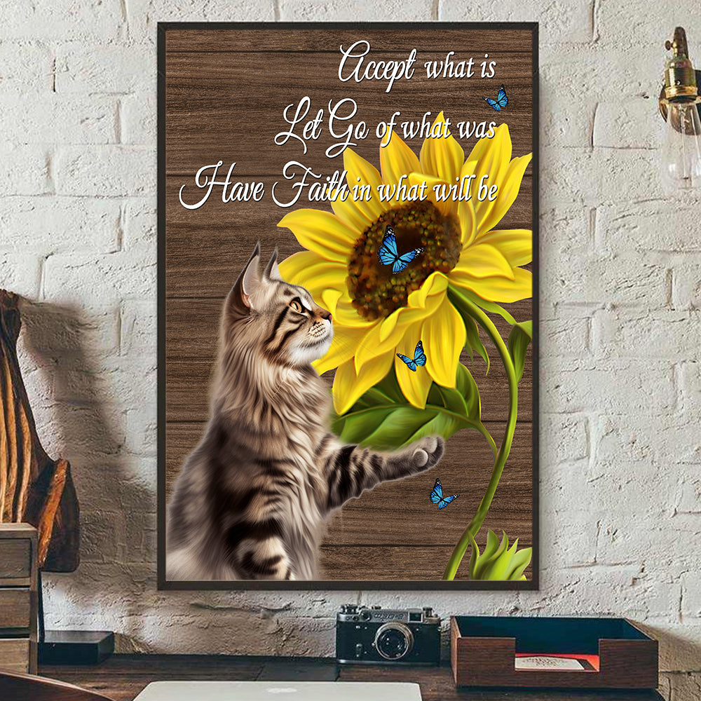 Cat Lover's Canvas Wall Art, Adorable Cat Poster With Inspirational Quote, Accept What Is, Let Go Of What Was, Perfect Home Decor For Living Rooms & Gifts For Cat Enthusiasts