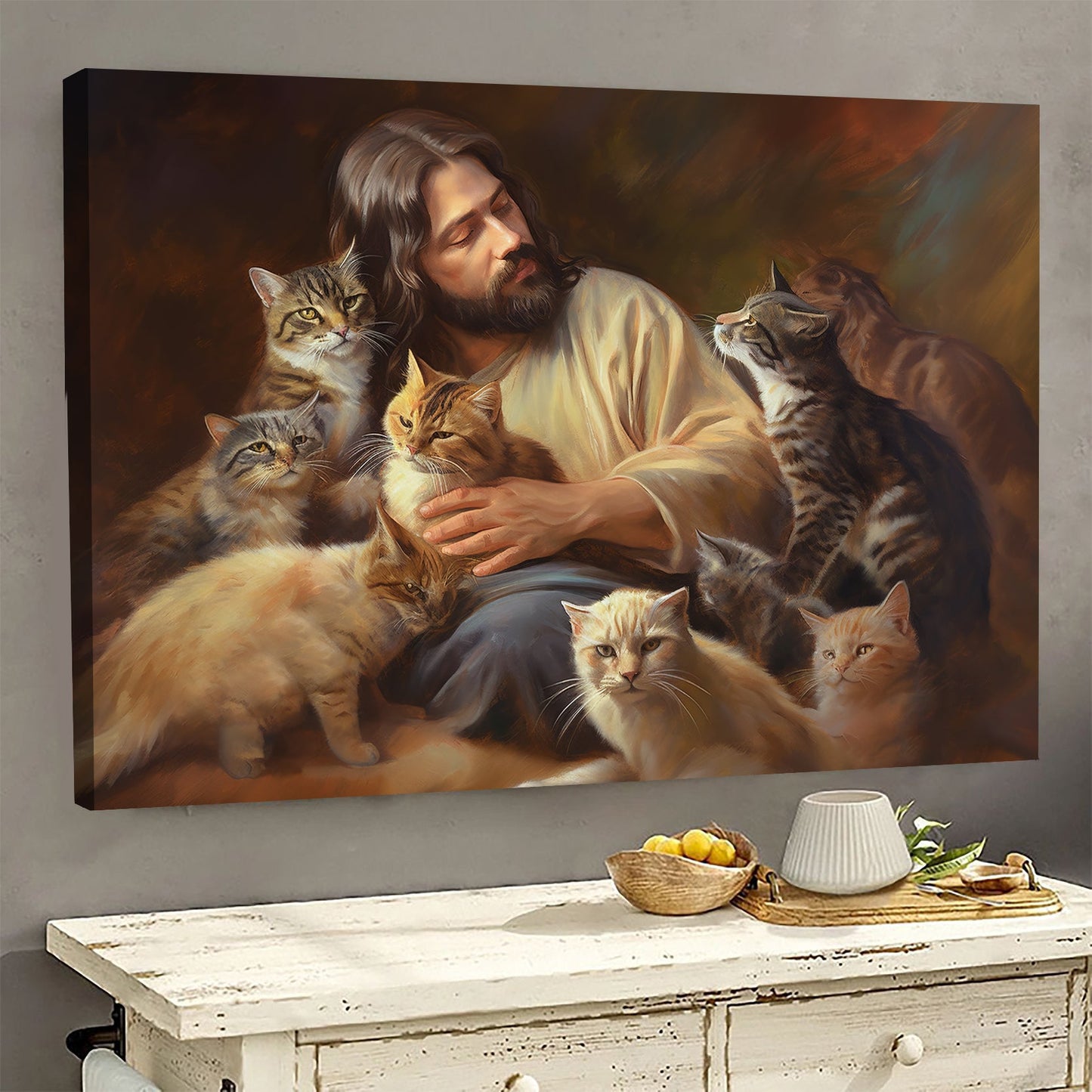 Harmony With Divine Felines, Jesus and Cat Poster & Canvas, Cat Canvas Wall Art, Poster Gift For Cat Lovers