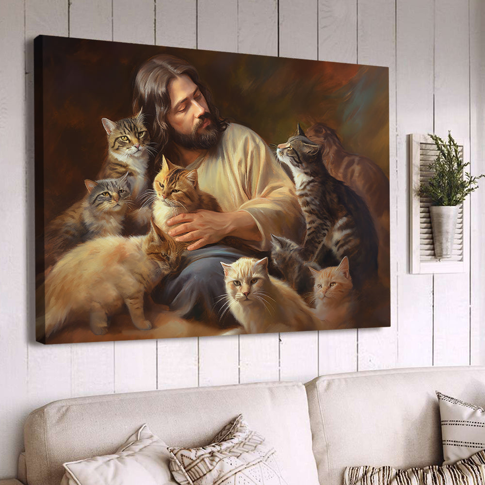 Harmony With Divine Felines, Jesus and Cat Poster & Canvas, Cat Canvas Wall Art, Poster Gift For Cat Lovers