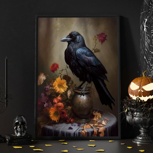 Black Raven With Flowers Spooky Halloween Canvas Painting, Wall Art Decor - Dark Raven Halloween Poster Gift For Living Room Bed Room