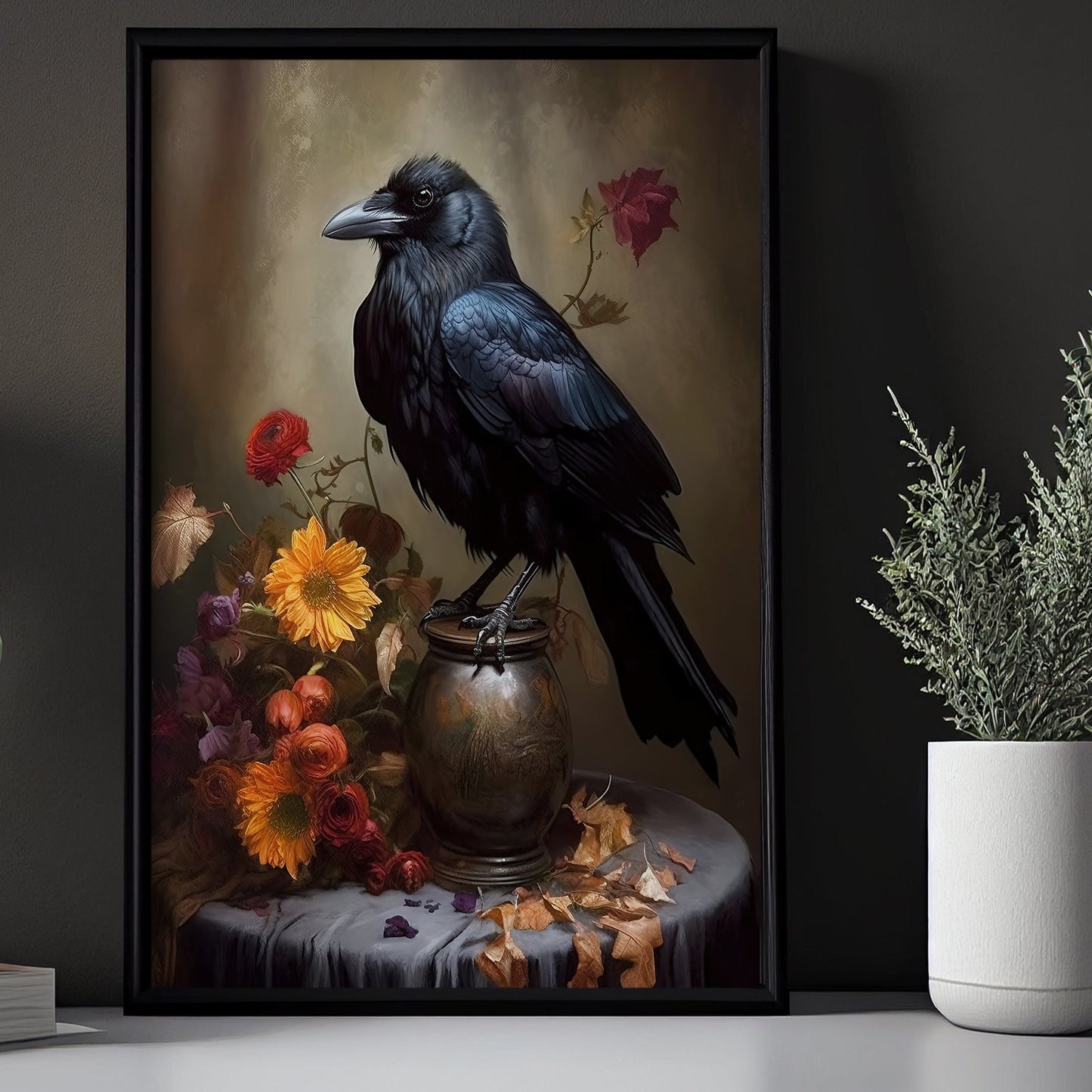 Black Raven With Flowers Spooky Halloween Canvas Painting, Wall Art Decor - Dark Raven Halloween Poster Gift For Living Room Bed Room