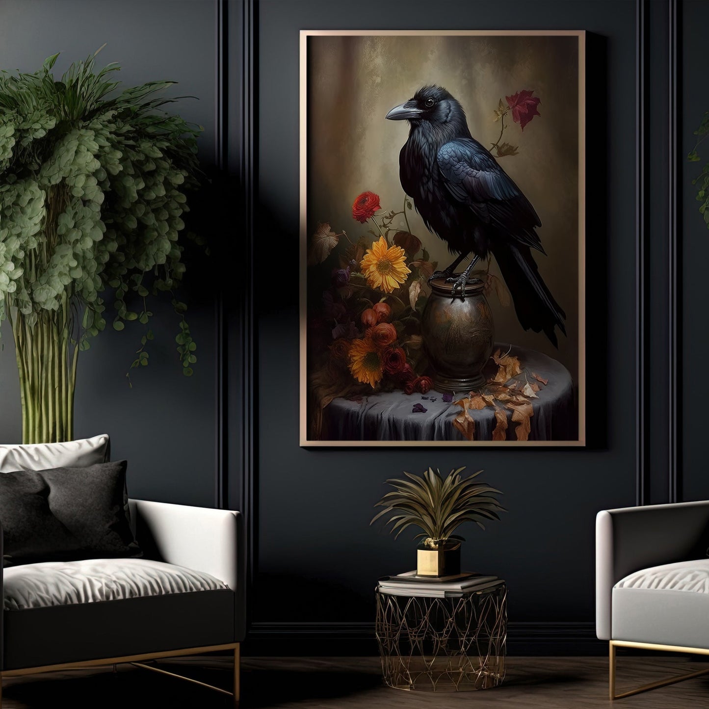 Black Raven With Flowers Spooky Halloween Canvas Painting, Wall Art Decor - Dark Raven Halloween Poster Gift For Living Room Bed Room