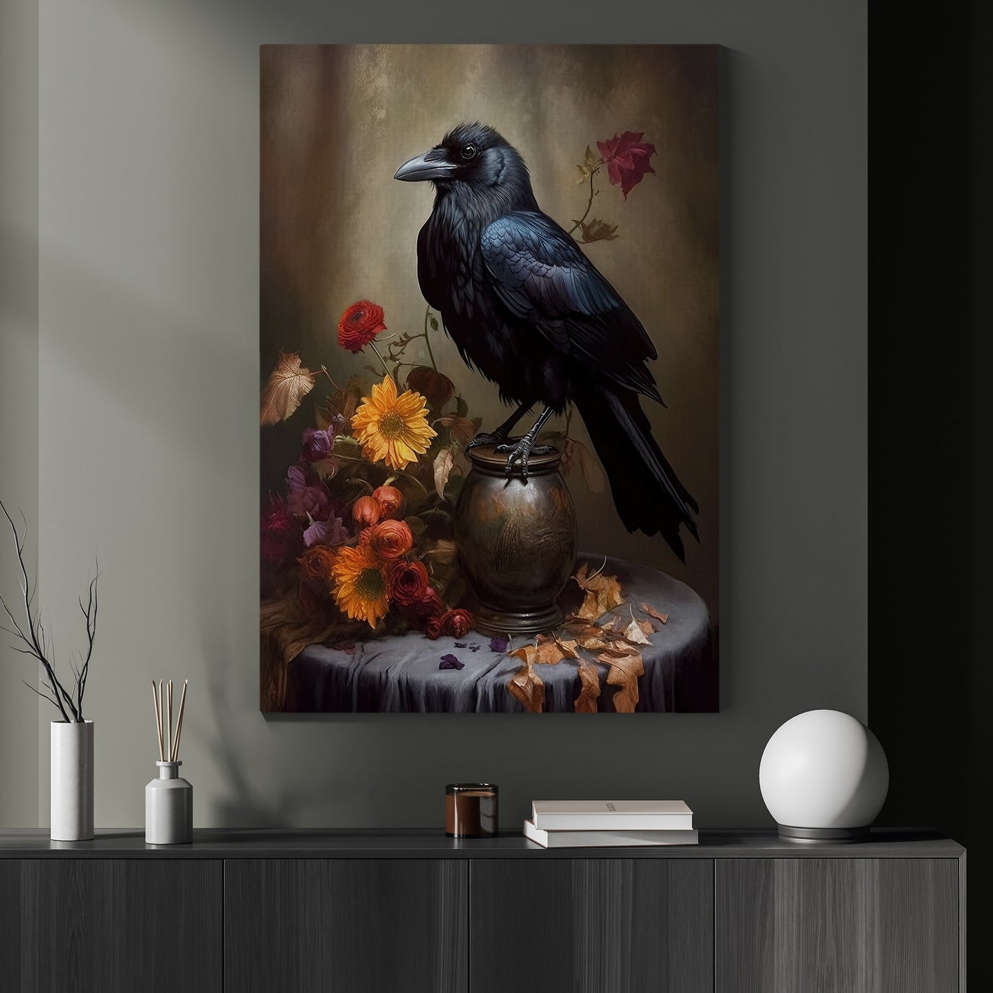 Black Raven With Flowers Spooky Halloween Canvas Painting, Wall Art Decor - Dark Raven Halloween Poster Gift For Living Room Bed Room