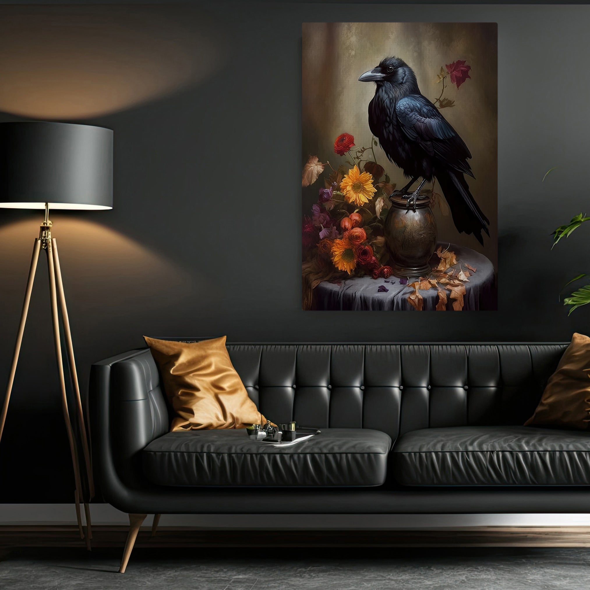 Black Raven With Flowers Spooky Halloween Canvas Painting, Wall