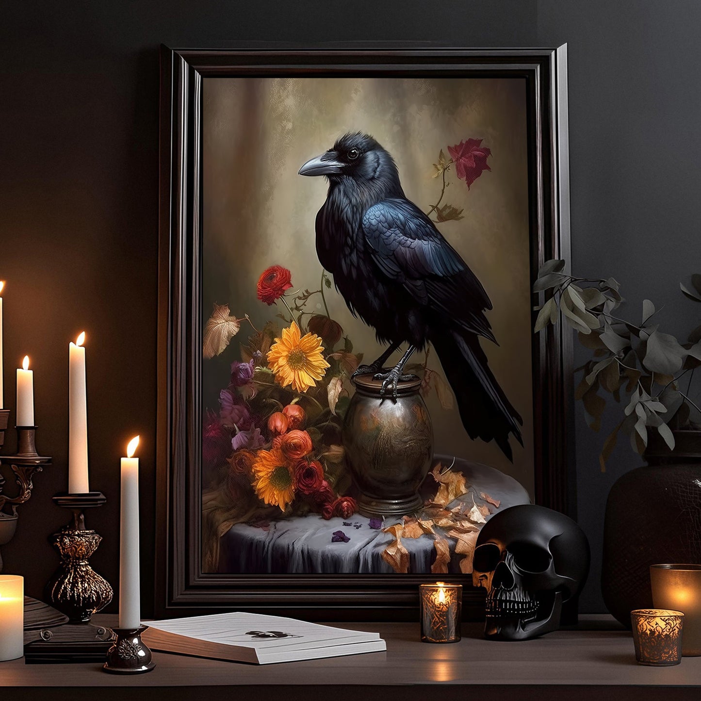 Black Raven With Flowers Spooky Halloween Canvas Painting, Wall Art Decor - Dark Raven Halloween Poster Gift For Living Room Bed Room