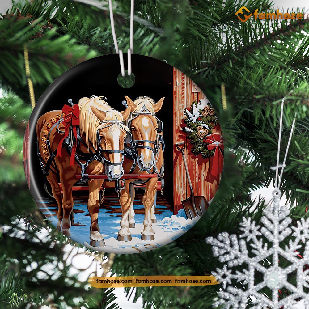 Christmas Horse Ornament, Horse Together Look At Direction Gift For Horse Lovers, Circle Ceramic Ornament