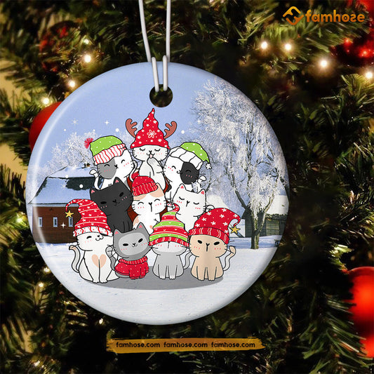 Cute Christmas Cat Ornament, Cats Together Arrange Christmas Tree Gift For Cat Lovers, Circle Ceramic Ornament