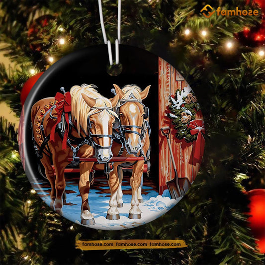 Christmas Horse Ornament, Horse Together Look At Direction Gift For Horse Lovers, Circle Ceramic Ornament