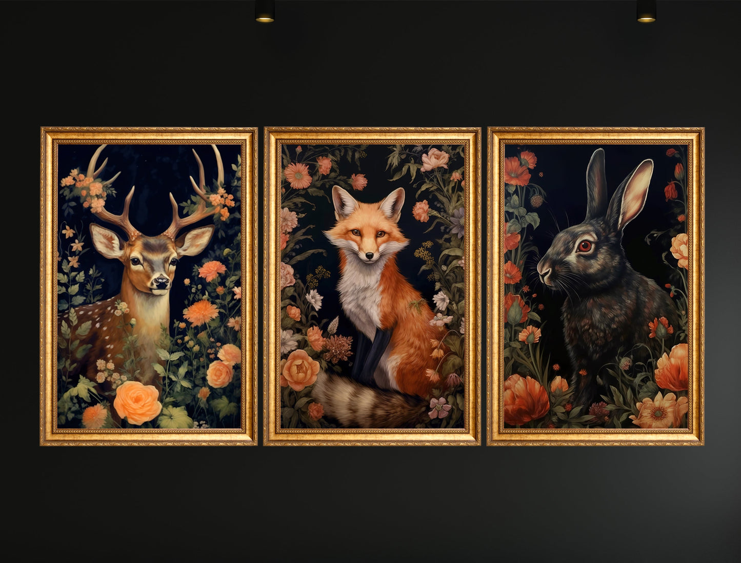 Set Of 3 Mythical Animals Stag Fox Rabbit In Forest Vintage Canvas Wall Art Print - Dark Academia Gothic Animals Poster Art Print