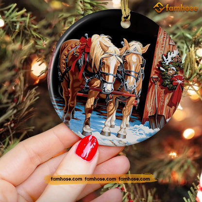 Christmas Horse Ornament, Horse Together Look At Direction Gift For Horse Lovers, Circle Ceramic Ornament