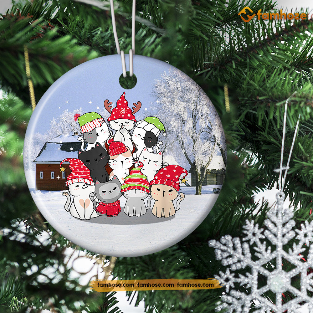 Cute Christmas Cat Ornament, Cats Together Arrange Christmas Tree Gift For Cat Lovers, Circle Ceramic Ornament