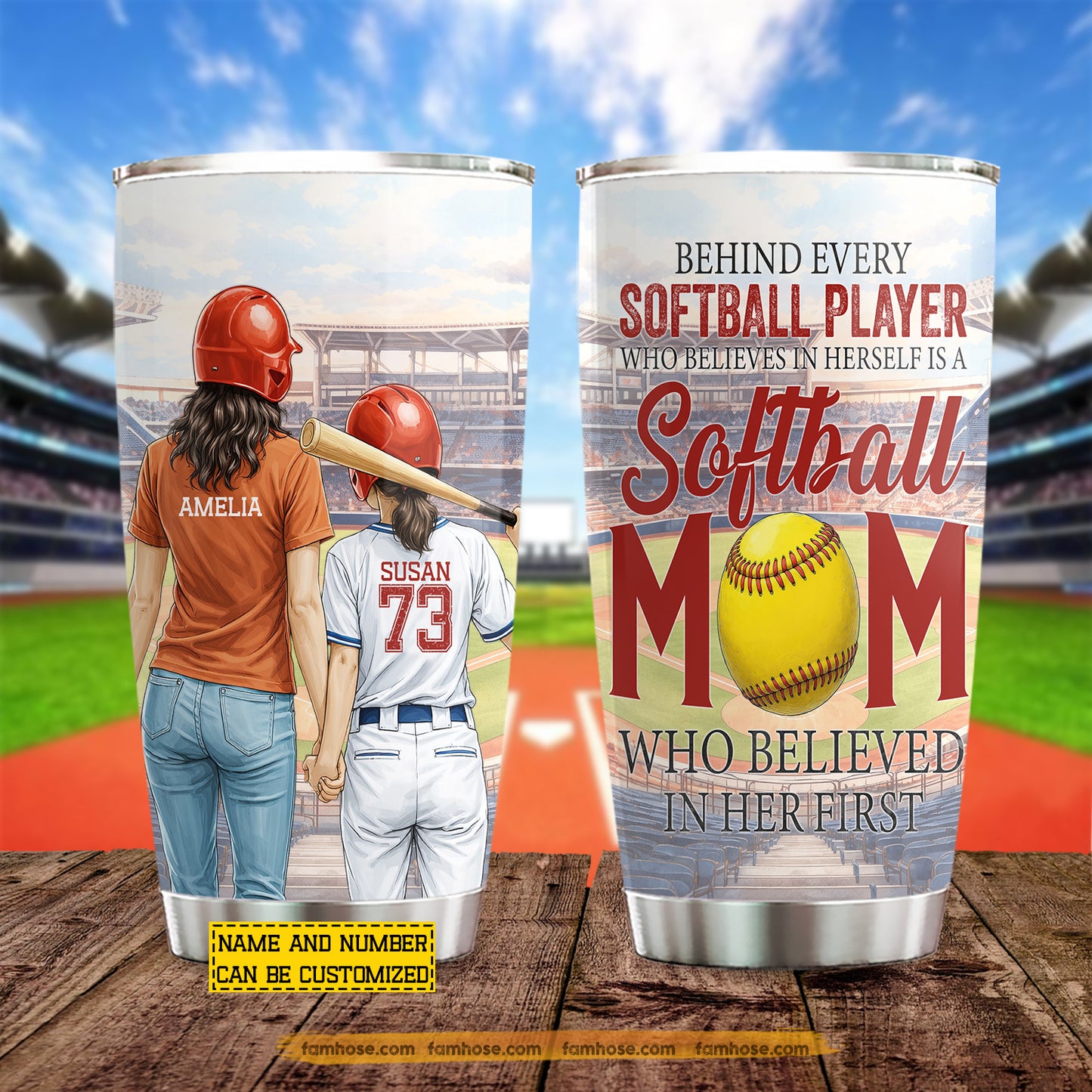 Personalized Softball Mom Daughter Tumbler, Behind Every Softball Player Softball Stainless Steel Tumbler, Best Mother's Day Gift For Softball Lovers