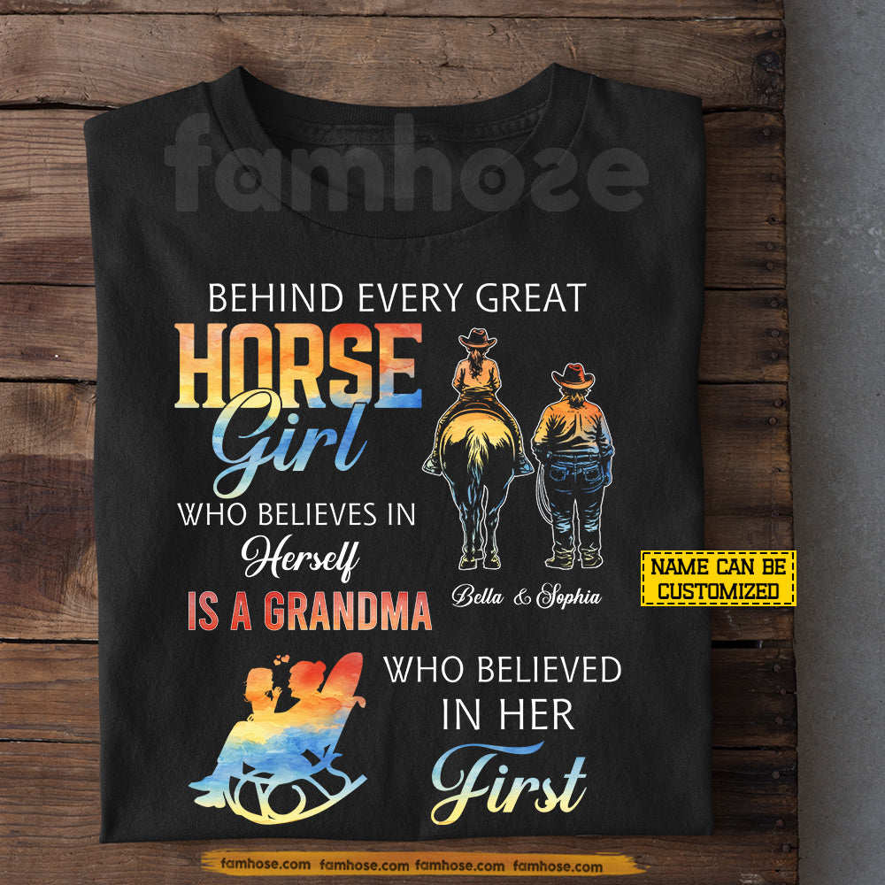 Personalized Horse Riding Grandma T-shirt, Behind Every Great Horse Girl Tees Mother's Day Gift For Horse Riding Lover