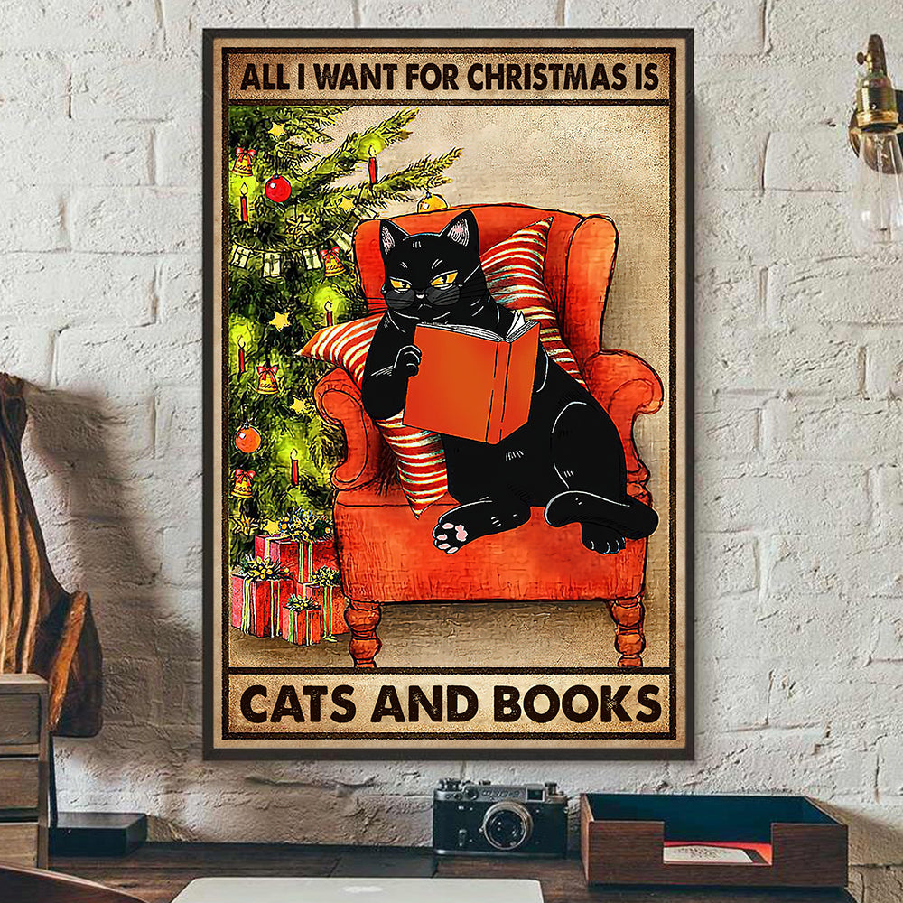 All I Want For Christmas Is Cats And Books, Black Cat Christmas Canvas Painting, Xmas Wall Art Decor - Cat Poster Gift