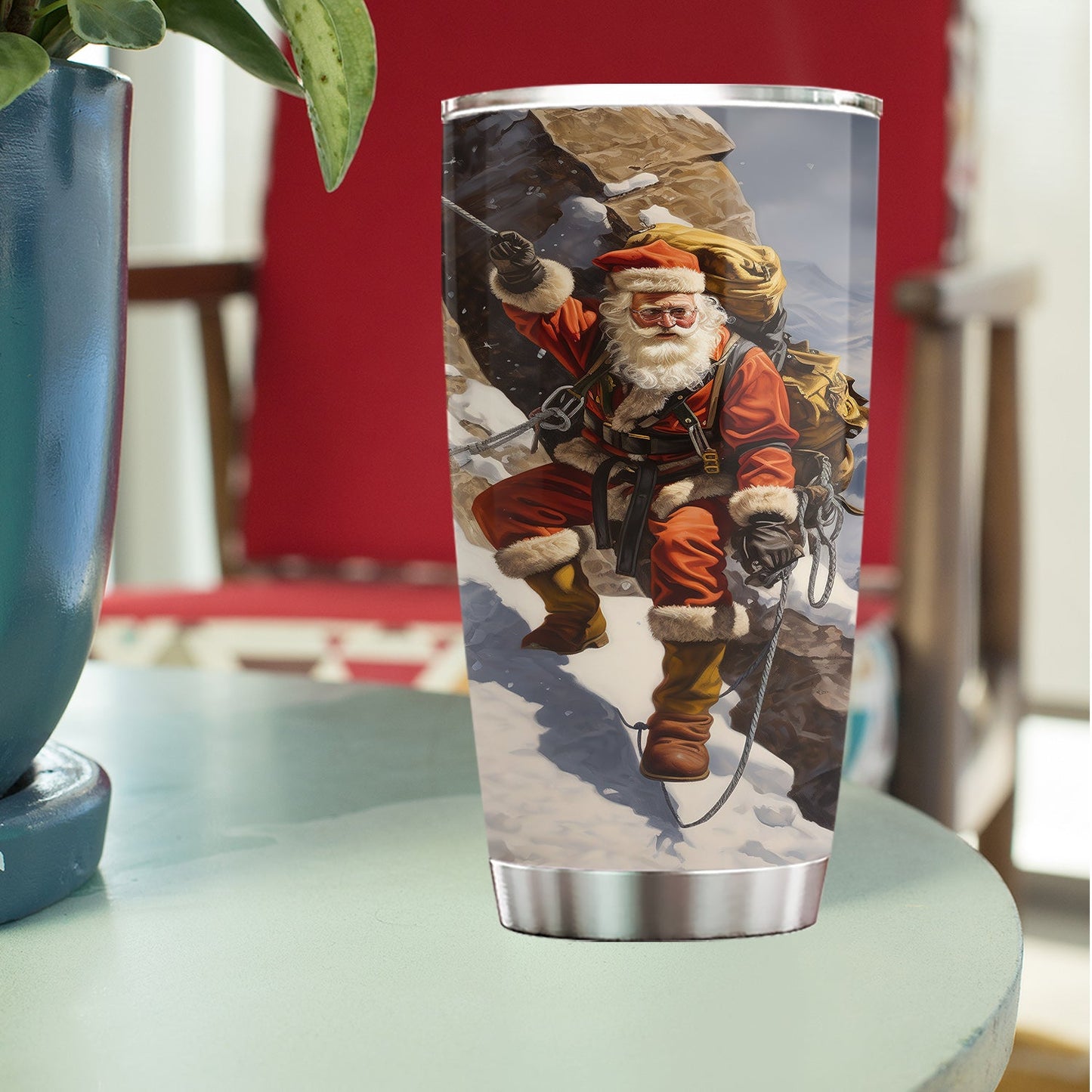 Santa's Alpine Adventure, Climbing Santa Christmas Stainless Steel Tumbler, Xmas Gift For Climbing Lovers