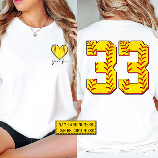 Personalized Softball Two-sided T-shirt, Softball Heart Tees Gift For Softball Lovers