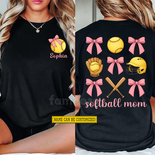 Personalized Softball Mom Two-side T-shirt, Softball Mom Bow Tees Mother's Day Gift For Softball Lovers