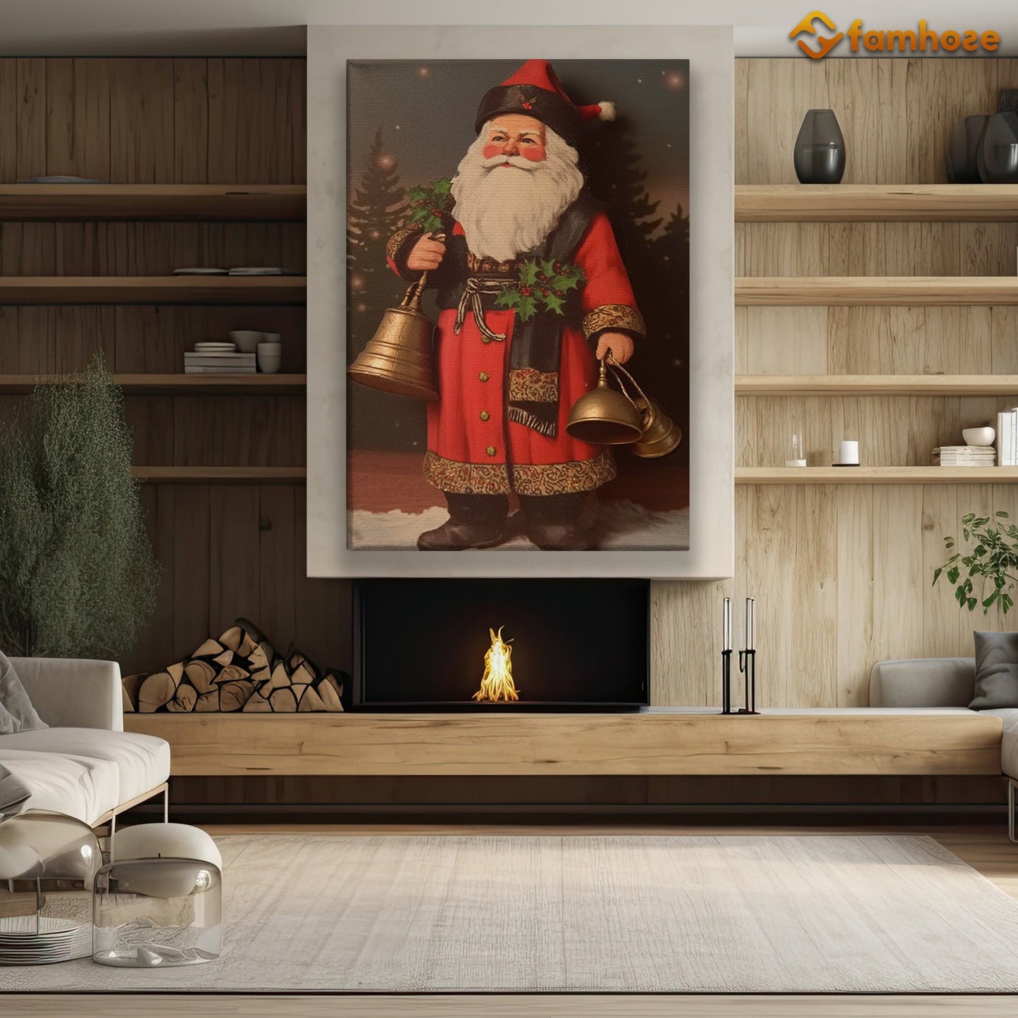 Santa Claus Stands Holding The Bell Christmas Canvas Painting, Xmas Wall Art Decor - Christmas Poster Gift For Decorating Your Home