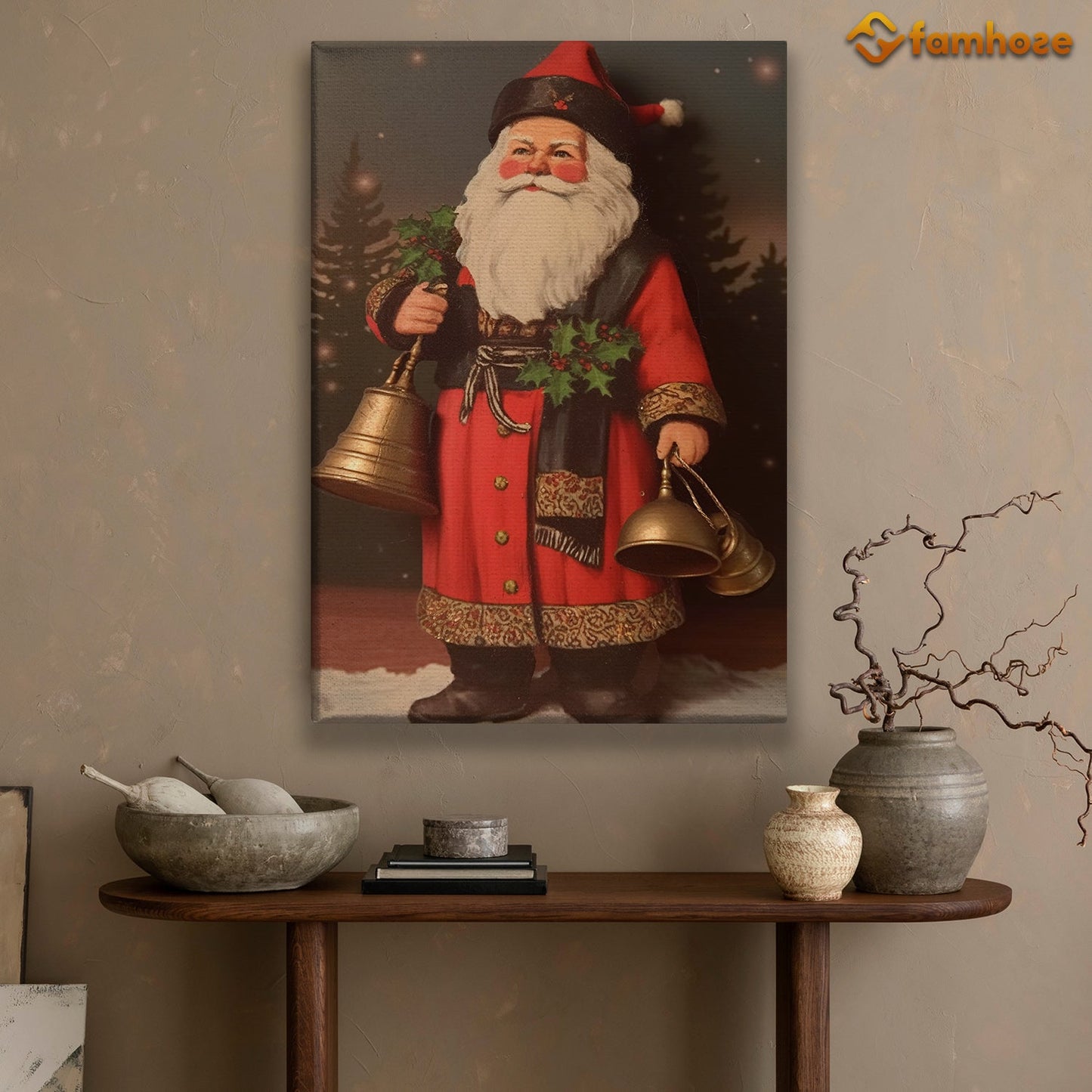 Santa Claus Stands Holding The Bell Christmas Canvas Painting, Xmas Wall Art Decor - Christmas Poster Gift For Decorating Your Home