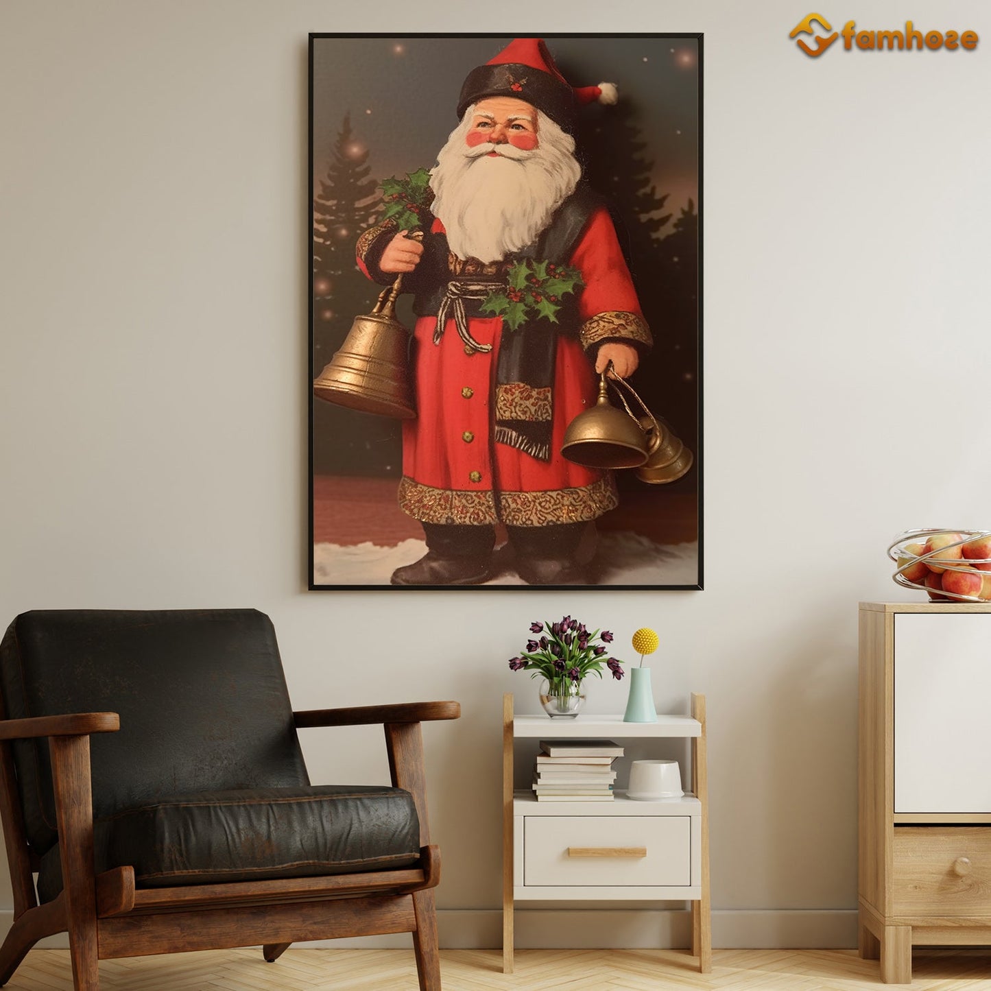 Santa Claus Stands Holding The Bell Christmas Canvas Painting, Xmas Wall Art Decor - Christmas Poster Gift For Decorating Your Home