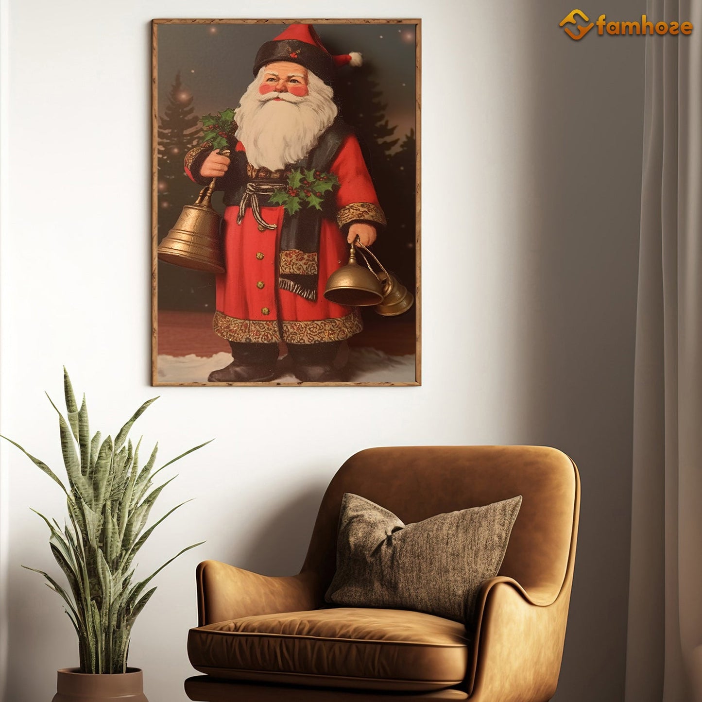 Santa Claus Stands Holding The Bell Christmas Canvas Painting, Xmas Wall Art Decor - Christmas Poster Gift For Decorating Your Home