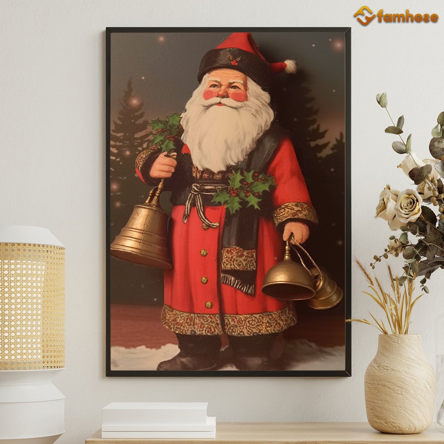 Santa Claus Stands Holding The Bell Christmas Canvas Painting, Xmas Wall Art Decor - Christmas Poster Gift For Decorating Your Home