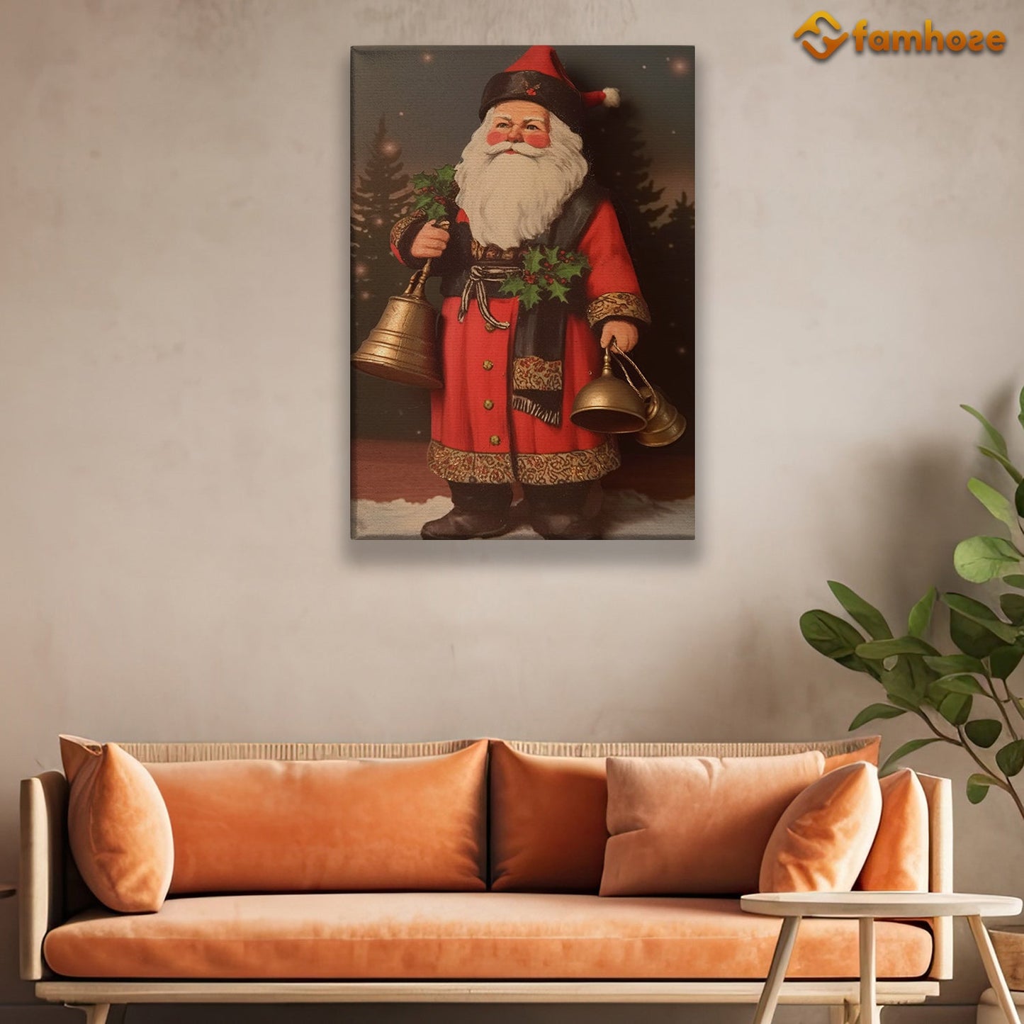 Santa Claus Stands Holding The Bell Christmas Canvas Painting, Xmas Wall Art Decor - Christmas Poster Gift For Decorating Your Home