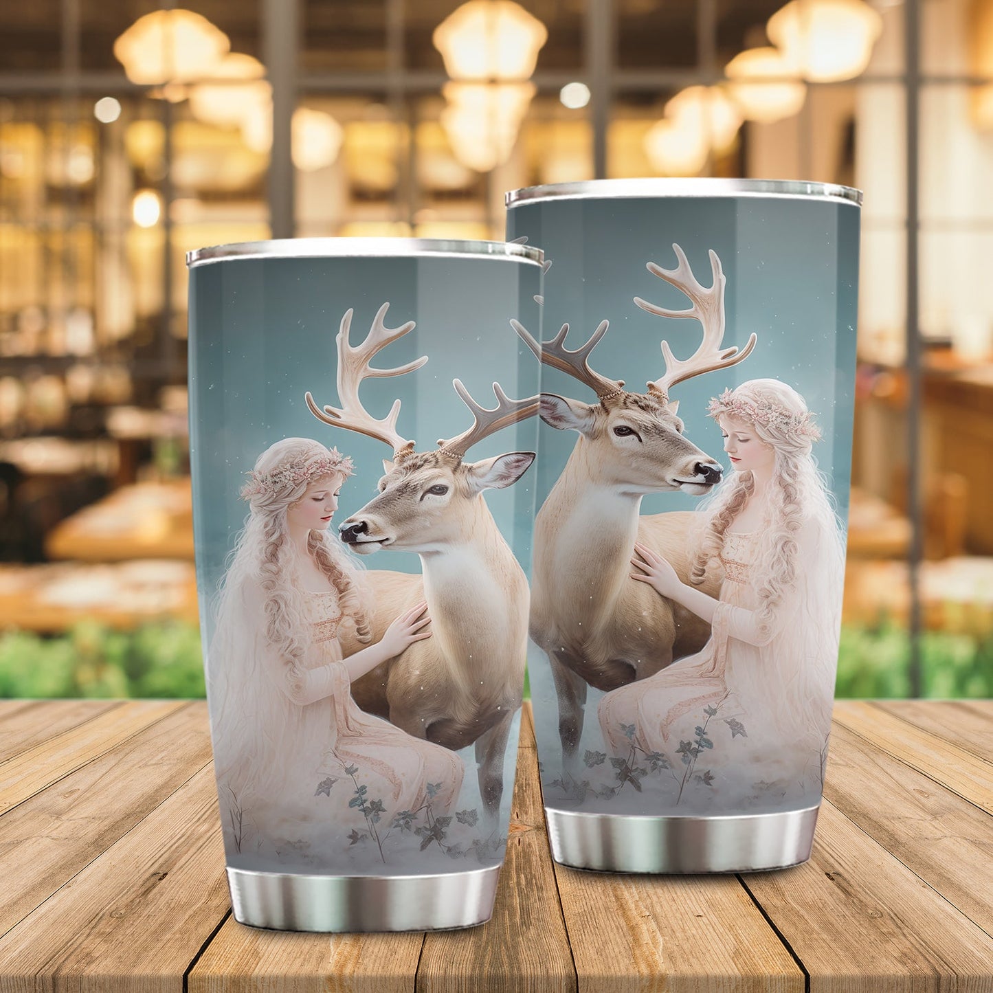 Enchanted Winter Harmony, Angel & Deer Claus Christmas Stainless Steel Tumbler, Xmas Gift