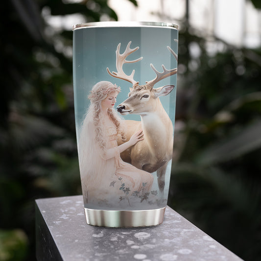 Enchanted Winter Harmony, Angel & Deer Claus Christmas Stainless Steel Tumbler, Xmas Gift