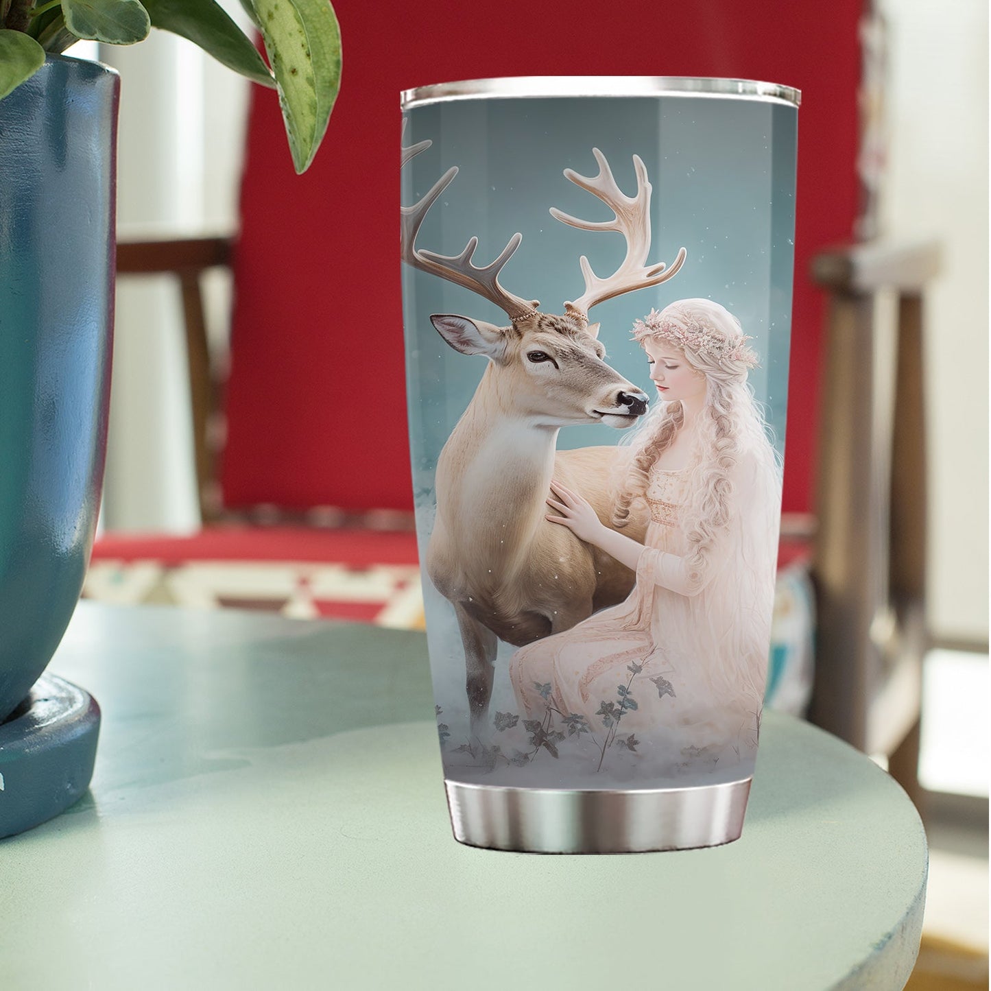 Enchanted Winter Harmony, Angel & Deer Claus Christmas Stainless Steel Tumbler, Xmas Gift