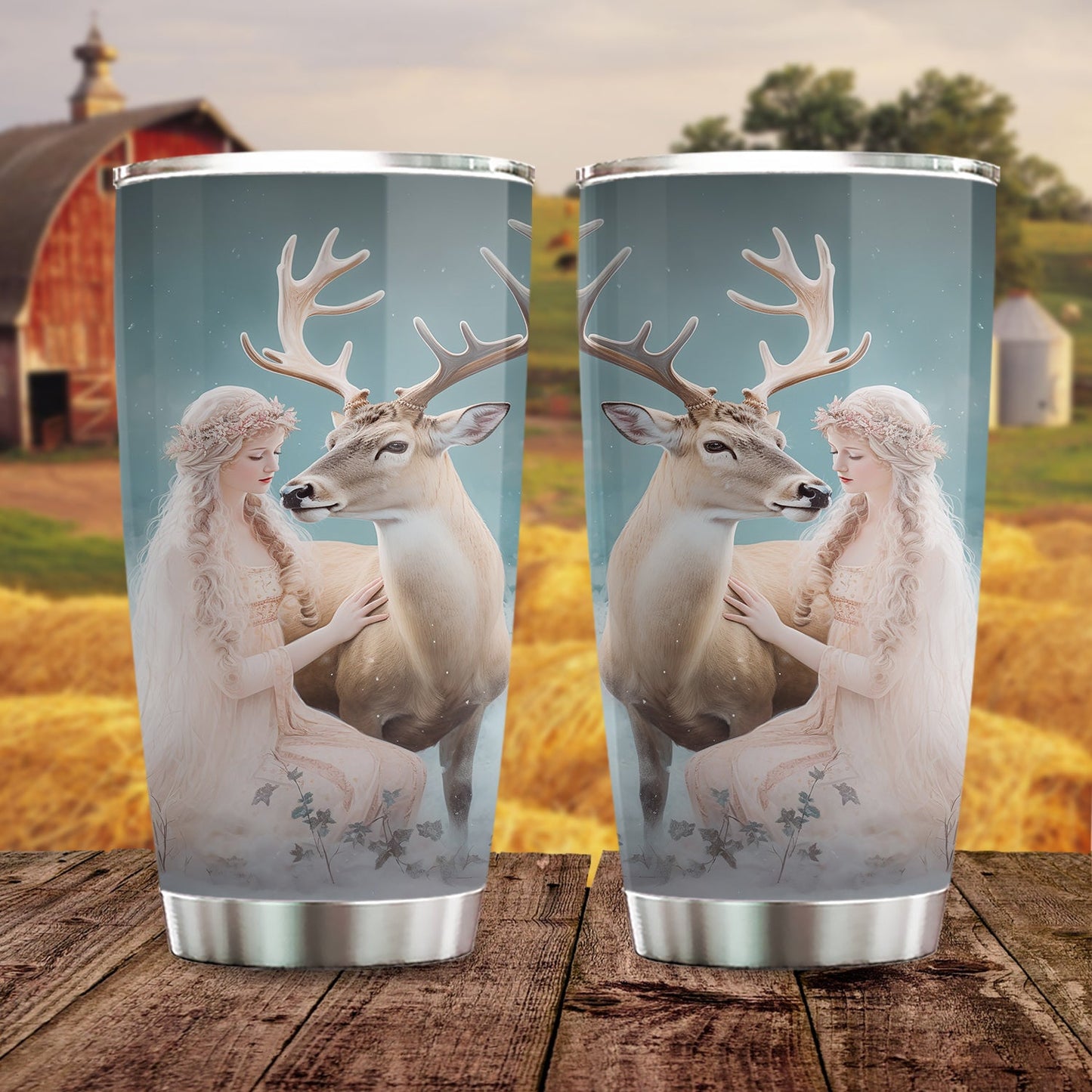 Enchanted Winter Harmony, Angel & Deer Claus Christmas Stainless Steel Tumbler, Xmas Gift