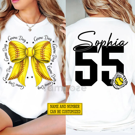 Personalized Softball Two-sided T-shirt, Softball Bow Game Day Tees Gift For Softball Lovers