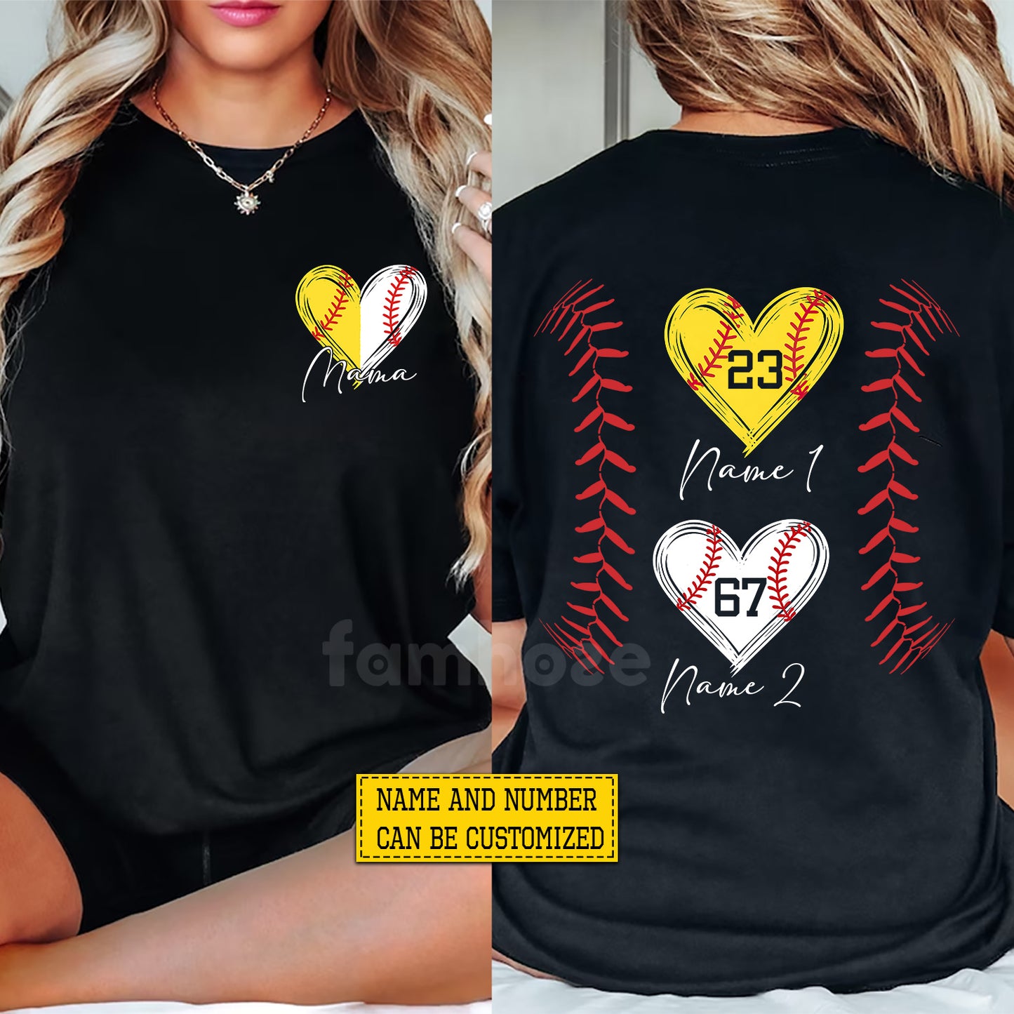 Personalized Softball & Baseball Mom Two-sided T-shirt, The Matching Heart Of Mama Tees Mother's Day Gift For Softball Lovers, Baseball Lovers