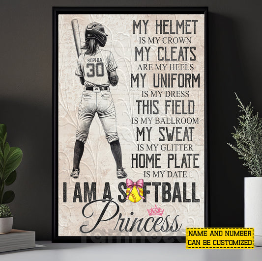 Funny Personalized Softball Canvas Painting, I Am A Softball Princess Wall Art Decor, Poster Gift For Softball Lovers
