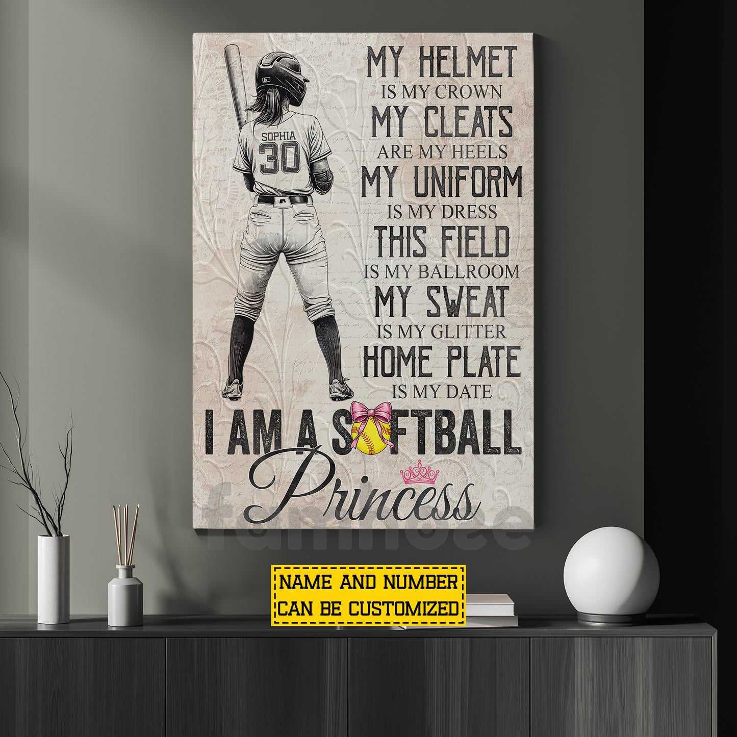 Funny Personalized Softball Canvas Painting, I Am A Softball Princess Wall Art Decor, Poster Gift For Softball Lovers