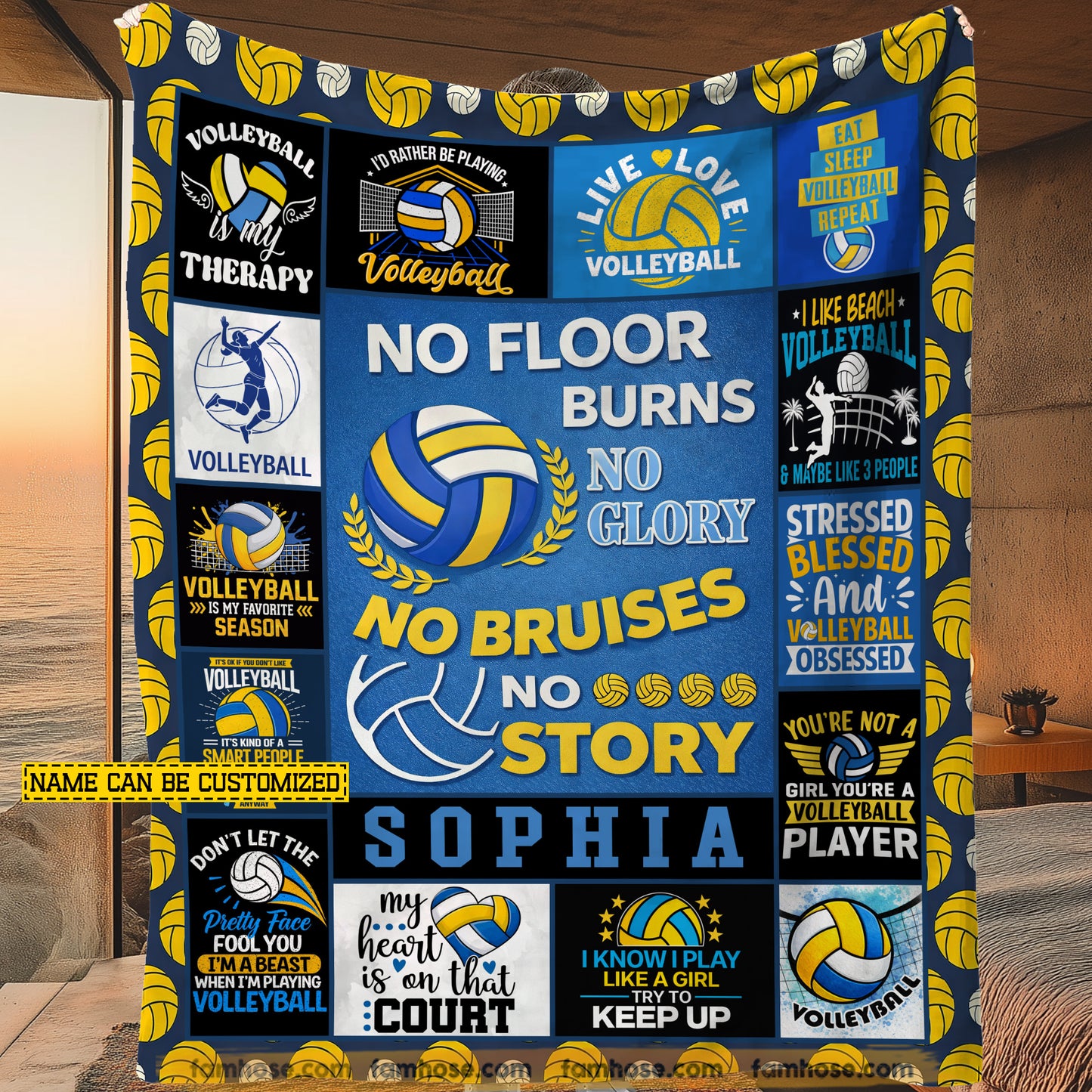 Motivational Personalized Volleyball Fleece Blanket, No Floor Burns No Glory Sport Woven Blanket, Cozy Sherpa Blanket Gift For Volleyball Lovers