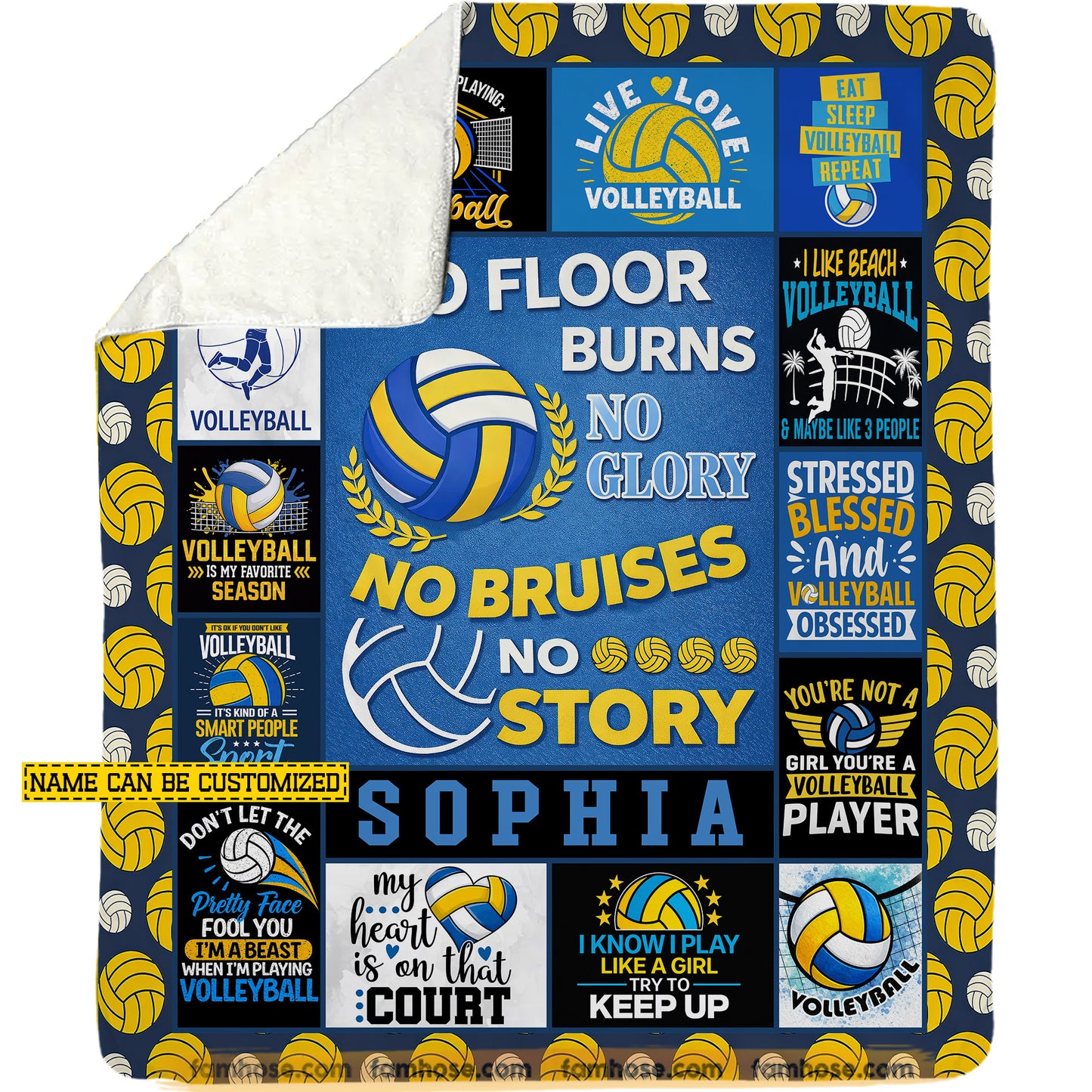 Motivational Personalized Volleyball Fleece Blanket, No Floor Burns No Glory Sport Woven Blanket, Cozy Sherpa Blanket Gift For Volleyball Lovers
