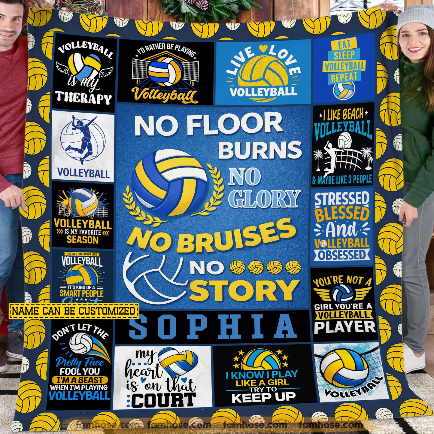 Motivational Personalized Volleyball Fleece Blanket, No Floor Burns No Glory Sport Woven Blanket, Cozy Sherpa Blanket Gift For Volleyball Lovers