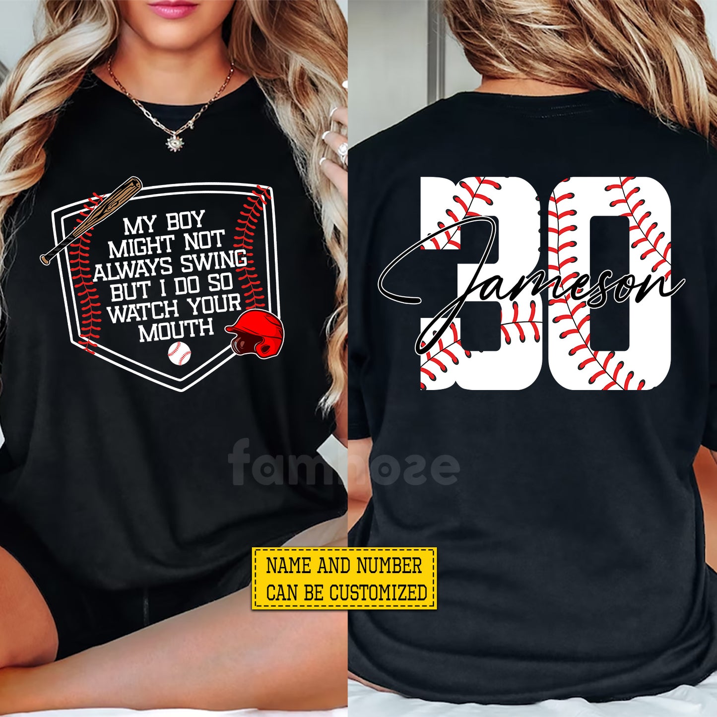 Personalized Baseball Two-sided T-shirt, My Boy Might Not Always Swing Sport Tees Gift For Baseball Lovers