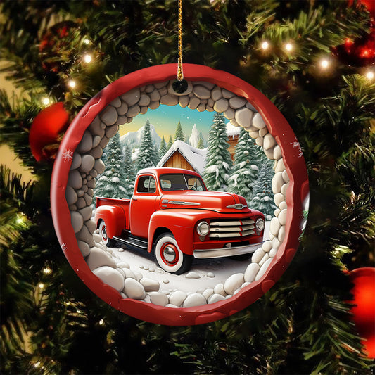 Tractor In The Forest Ceramic Ornament Christmas, Tractor Ornament Gift For Decorating Christmas Tree