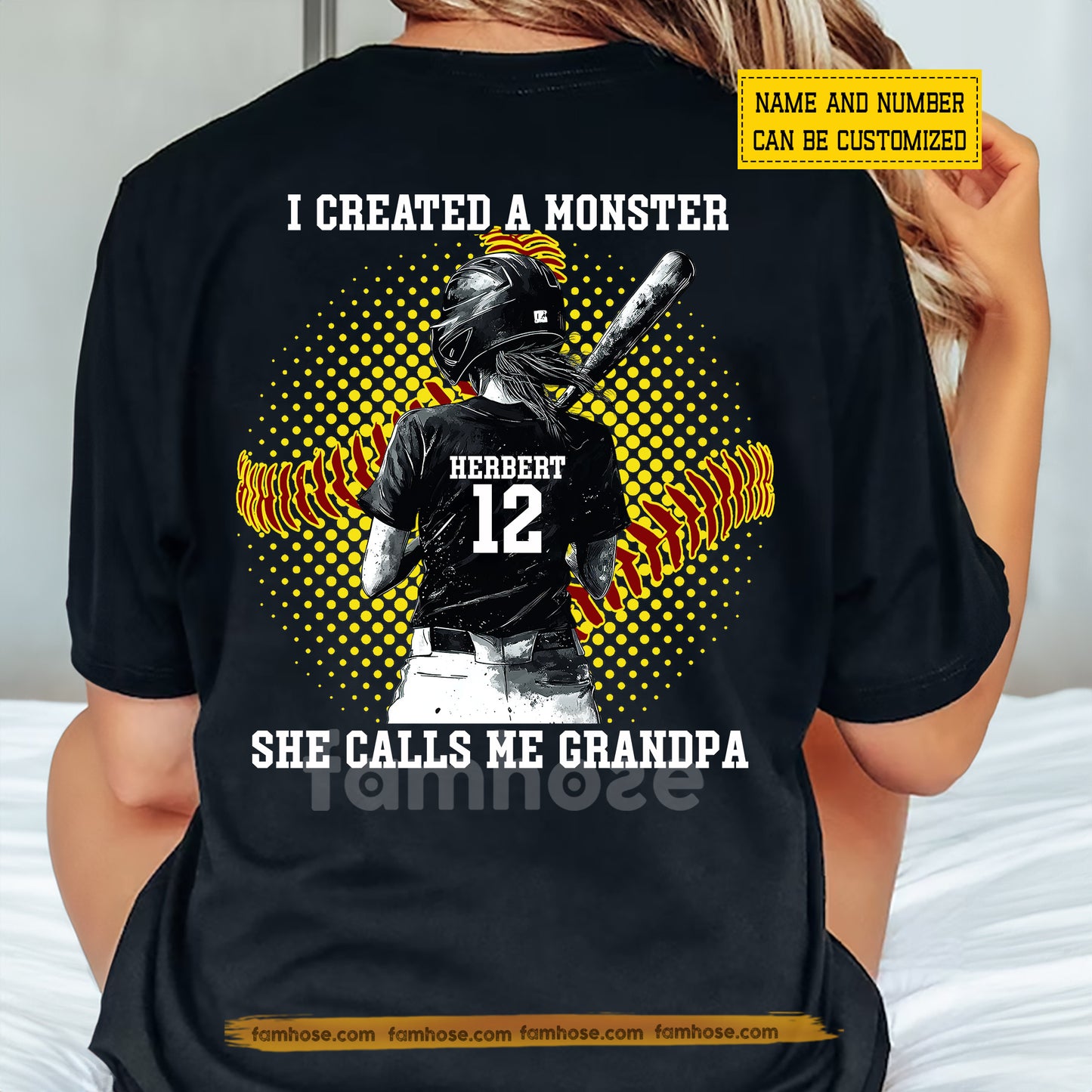 Personalized Softball Grandpa Backside T-shirt, I Created A Monster She Calls Me Grandpa Sport Tees Father's Day Gift For Softball Lovers