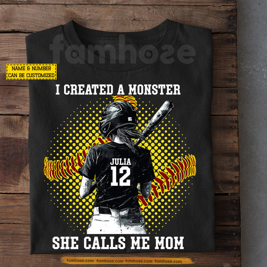 Funny Personalized Softball Mom Daughter T-shirt, I Created A Monster She Calls Me Mom Sport Tees Mother's Day Gift For Softball Lover