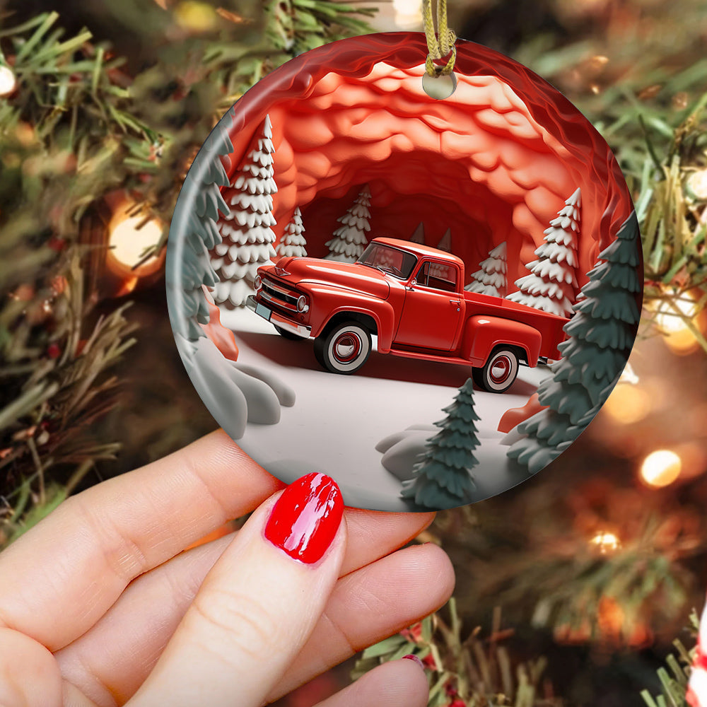 A Classic Pickup In A Winter Ceramic Ornament Christmas, Ornament Gift For Decorating Christmas Tree