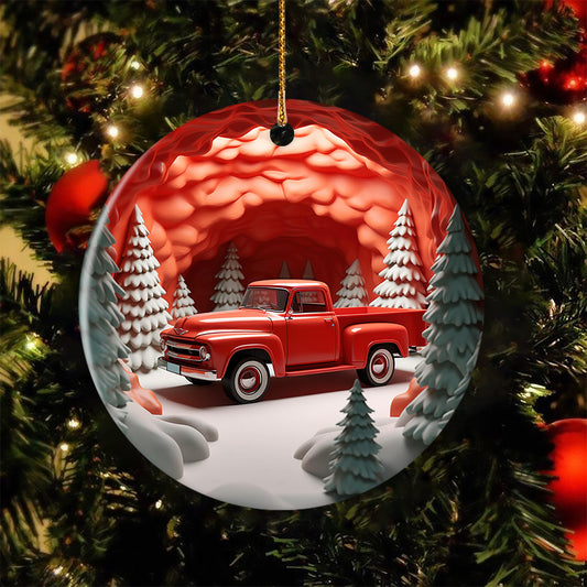 A Classic Pickup In A Winter Ceramic Ornament Christmas, Ornament Gift For Decorating Christmas Tree